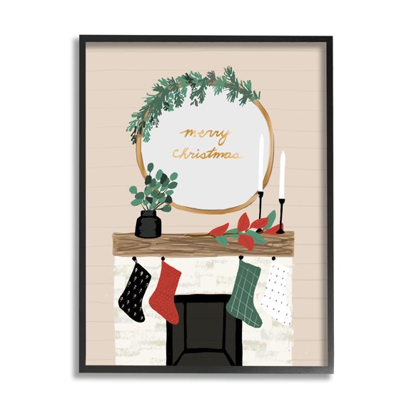 Stupell Industries Merry Christmas Festive Holiday Fireplace Mantle , 24 x 30, Design by Jess Bruggink