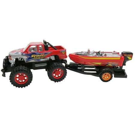 - Path Blazer Friction Power Monster Truck Speed Boat Hauler With Trailer