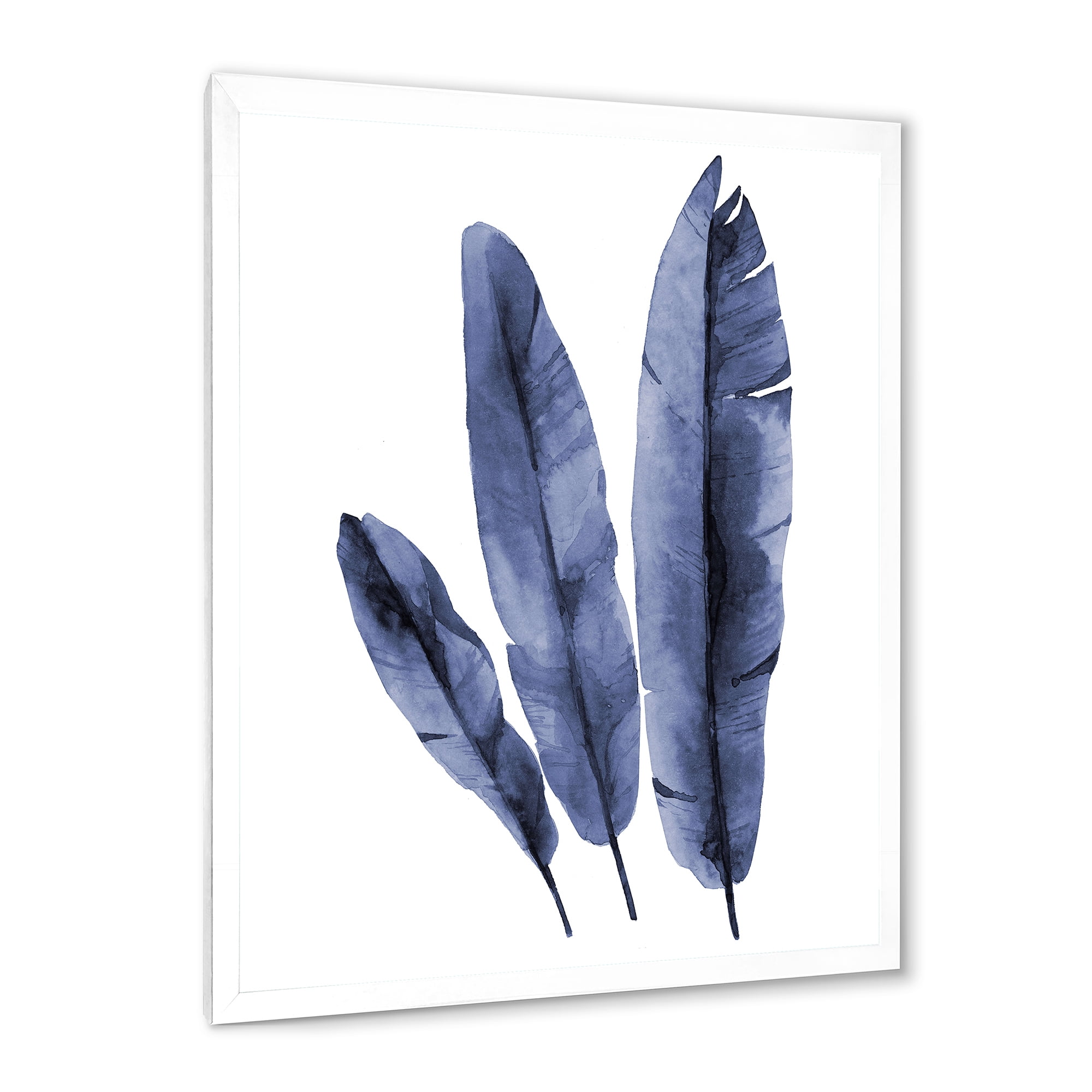 Designart 'Navy Blue Tropical Banana Leaves On White' Tropical Framed Art Print