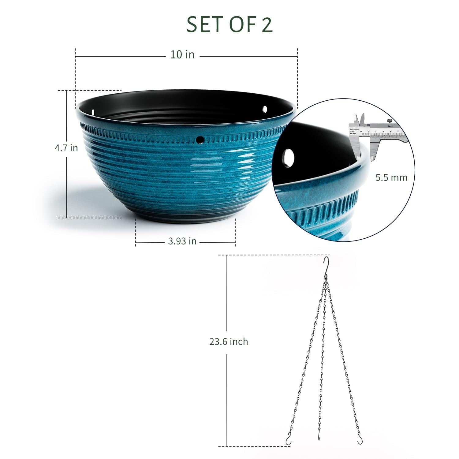 2 Pack Hanging Planters for Indoor Outdoor Plants, 10 Inch Hanging Planter with Drainage Hole & Plug Glazed Hanging Baskets Flower Pots for Garden Home (Blue)