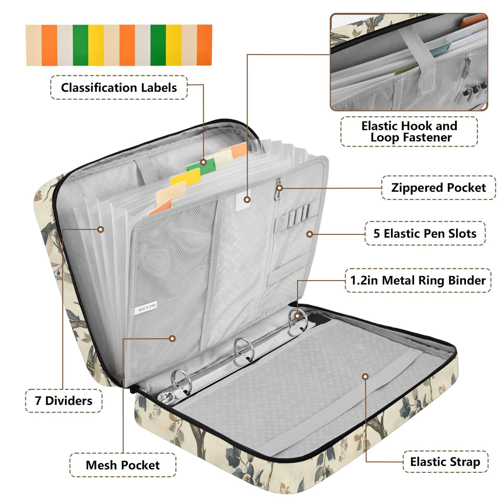 FORMRS Accordion File Folder A4 Size 7-Pocket Expanding Document Organizer Bag with 3 Ring Binder, Beige Birds