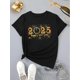 thumbnail image 2 of Camiseta negra "Feliz Año Nuevo 2025" para mujer, con estampado de fuegos artificiales dorados, cuello redondo informal, manga corta, ideal para celebraciones de primavera y verano, lavable a máquina,, 2 of 7