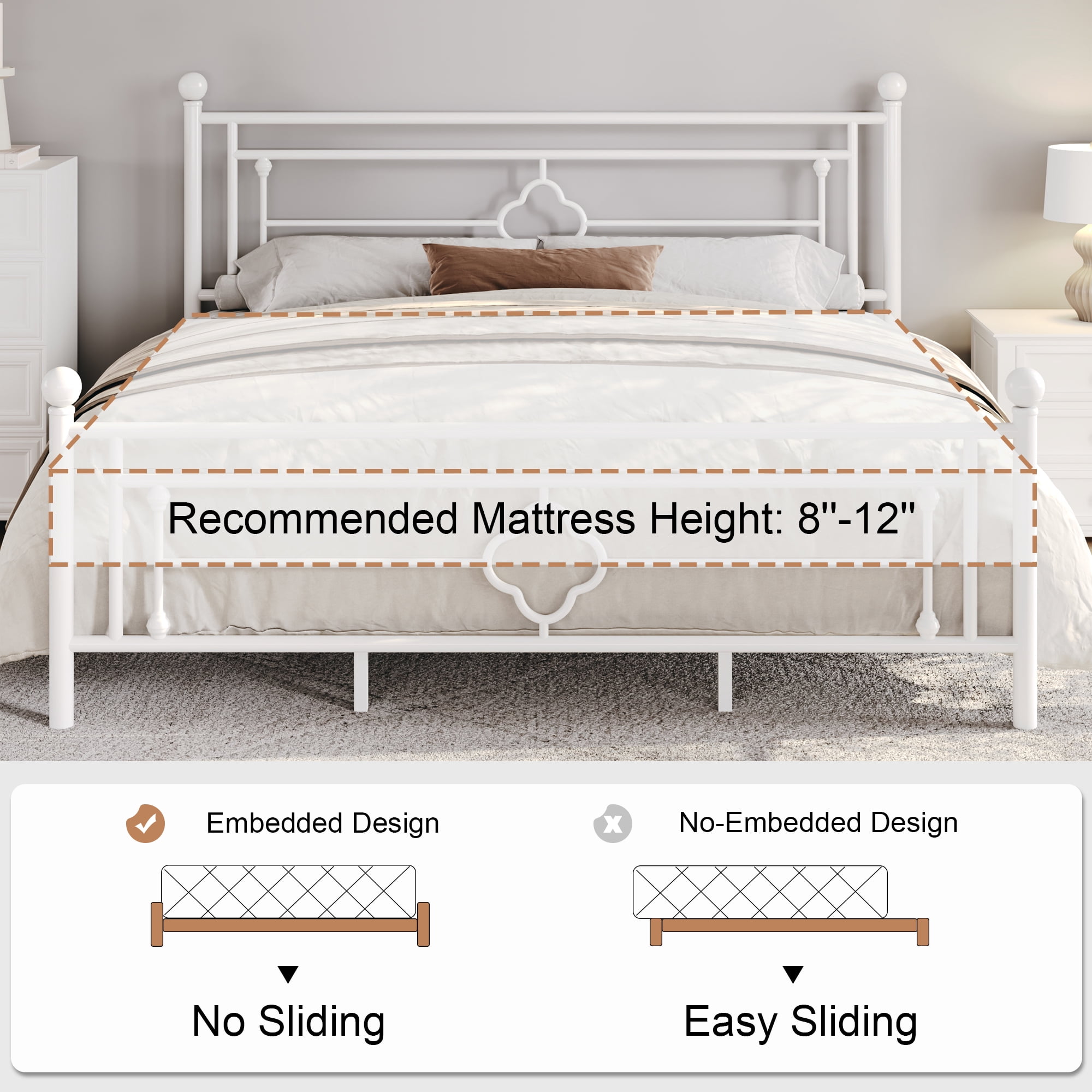 Sha Cerlin White King Size Metal Platform Bed Frame with Victorian Vintage Headboard & Underbed Storage, Adult