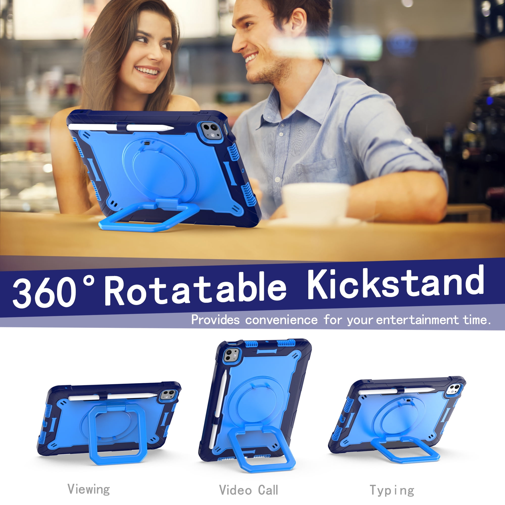 Allytechgroup Shockproof Case for Apple iPad Pro 11 Inch 2024 M4, with Shoulder Strap Pencil Holder Rotating Stand Handle Kids Friendly Heavy Duty Protection Cover for iPad Pro 11" 2024,Blue
