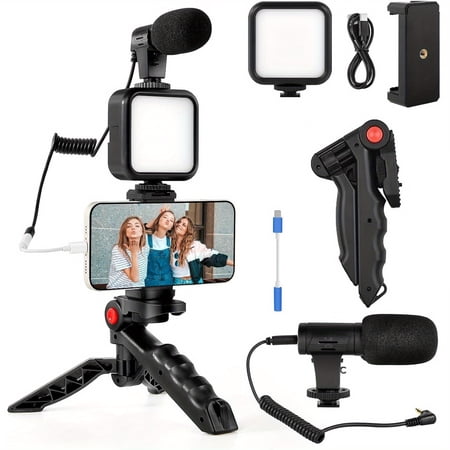 Vlogging Kit for iPhone & Android, Mini LED Light, Cardioid Microphone, Phone Clip & Tripod, Portable Setup for TikTok YouTube Streaming and Content Creation