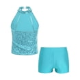 thumbnail image 4 of YEAHDOR Kids Girls Gymnastic Dance Outfit Halter Allover Sequins Tops with Gymnastics Workout Shorts Light Blue 6, 4 of 7