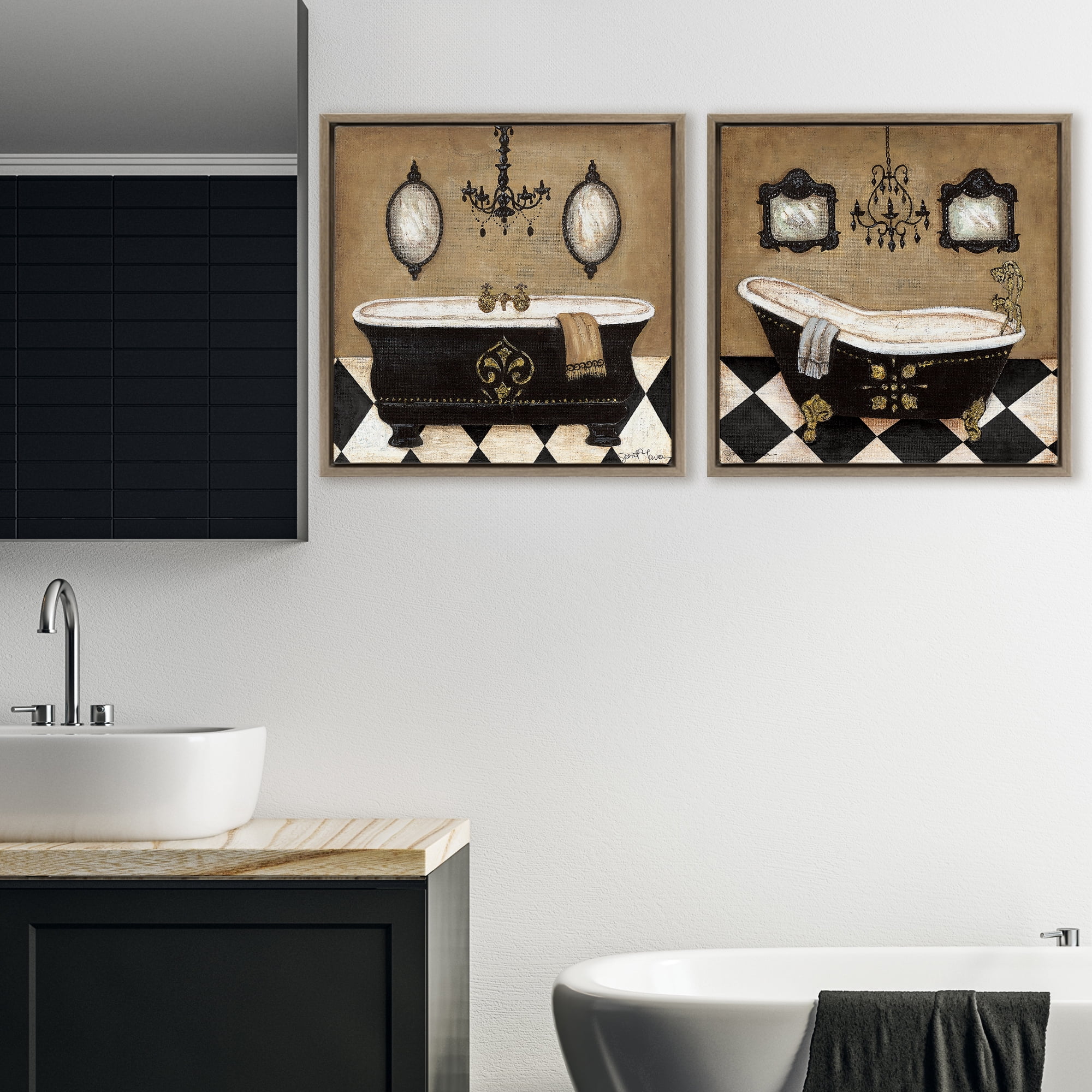 Stupell Industries Elegant Bathroom with Chandeliers 2 Piece Brown Framed Floater Canvas Set, design by Janet Tava
