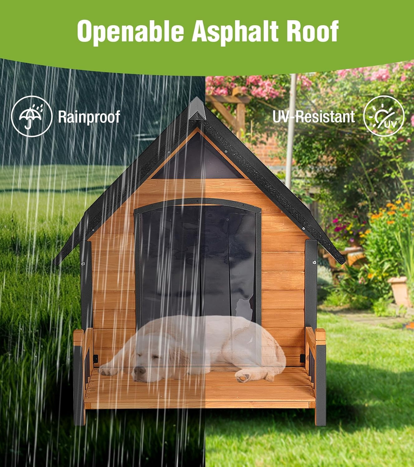Aivituvin Large Dog House Outdoor Weatherproof with Porch, All-Metal Frame Chew-Proof Dog Kennel with Asphalt Roof, for Small Medium Large Dogs