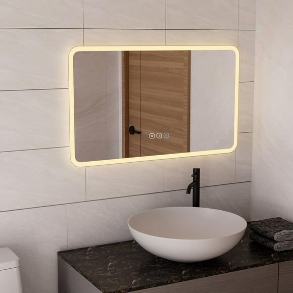 Miroir à DEL Ecoway Halo, Aluminium, Miroir de salle de bain éclairé monté au mur avec anti-buée et 3 couleurs réglables