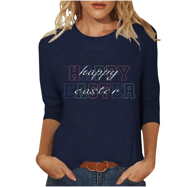 Plebaso Hauts de Pâques à Manches 3/4 pour Femmes, Imprimé Mignon, Col Rond, Blouses Amples pour Femmes