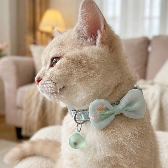 Cat Collar with Bow Tie and Bell Adjustable Breakaway Safety Floral Embroidery Soft Fabric for Kittens and Cats, Mint Green