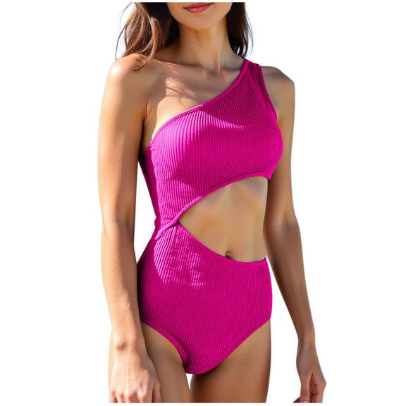 ZHYou Women's One Piece Ribbed Swimsuit One Shoulder Cutout Swimwear Bathing Suit,Hot Pink,S