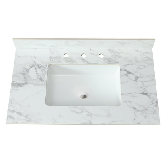 37"x22" Bathroom Sink - Sintered Stone White With Rectangular Undermount Basin 3 Faucet Holes For Sophisticated Top Ceramic And