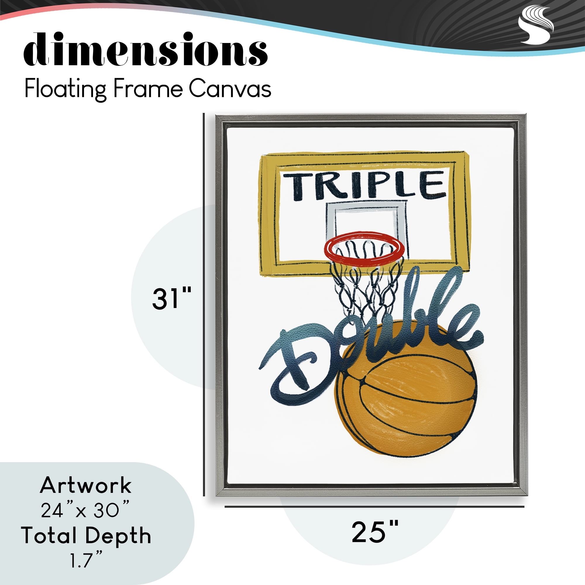 Triple Double Basketball Gray Framed Floater Canvas Wall Art, design by Connie Summers