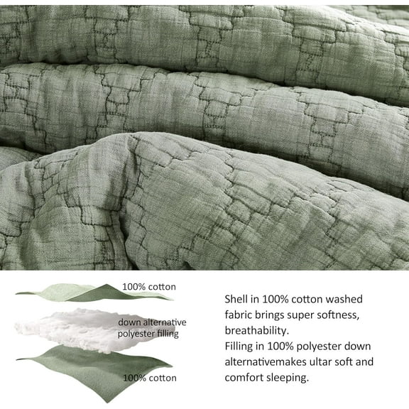 Olive Green King Size Quilt Set, Muslin Cotton Shell Down-Alt Poly Filling, Soft Shabby Chic Rustic Farmhouse Country Bedspread, Textured Gauze Coverlet, Lightweight Bedding, 2 Shams