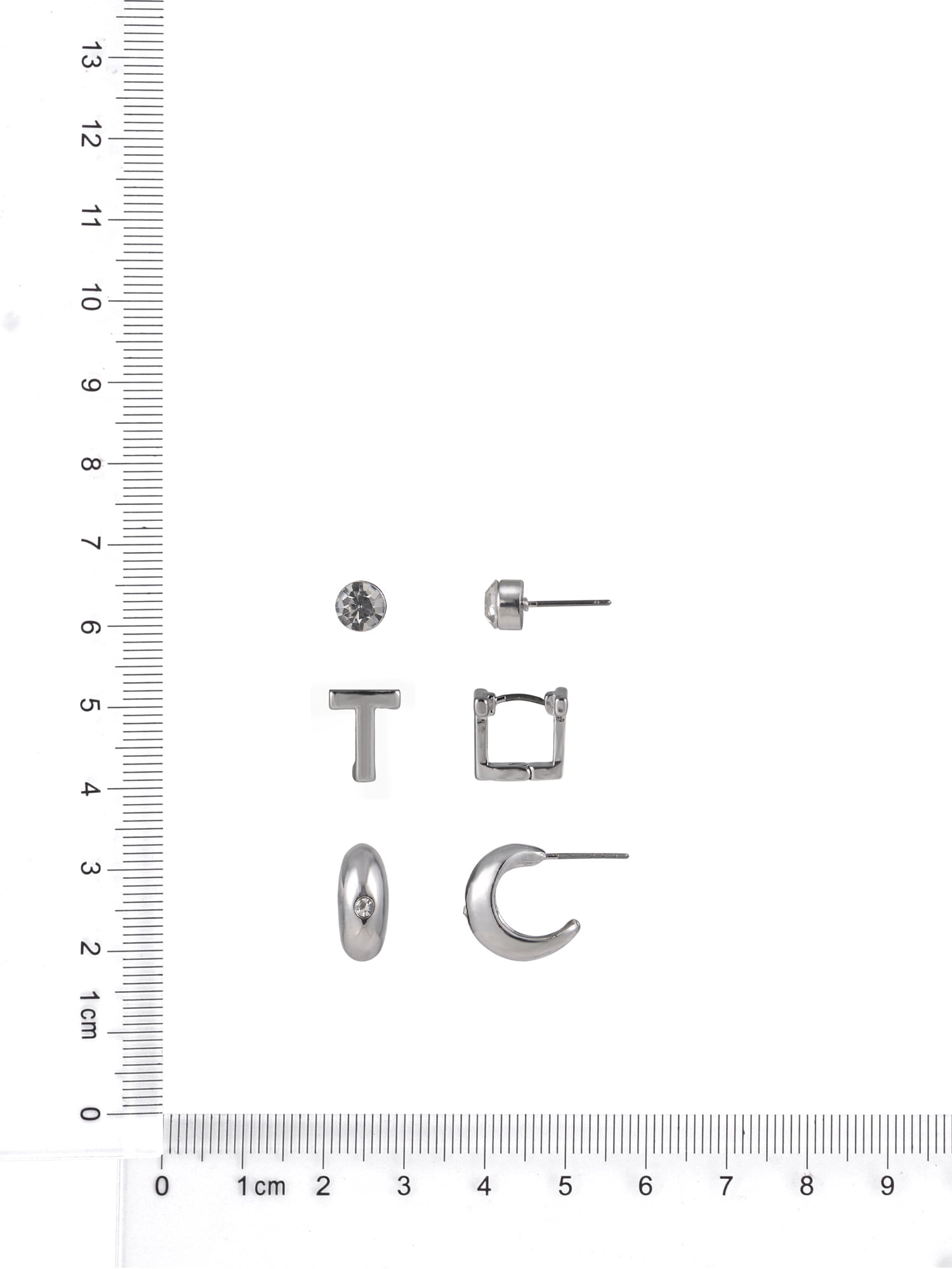 Time and Tru Silvertone 3-On Crystal Stud, Hoop, Initial "T" Earring Set