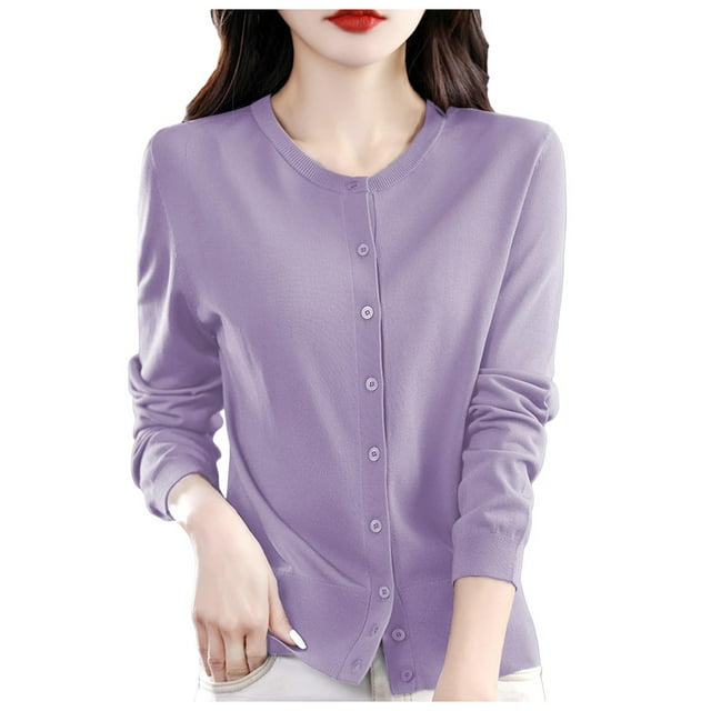HBFAGFB Cardigan pour Femmes Col Rond Boucle Tricoté Chandail Polyvalent Vestes à Manches Longues Violet Taille TTG