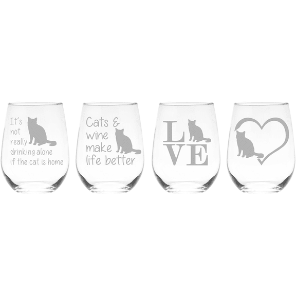 C&M Personal Gifts 17 oz Cat Stemless Wine Glass Set of 4