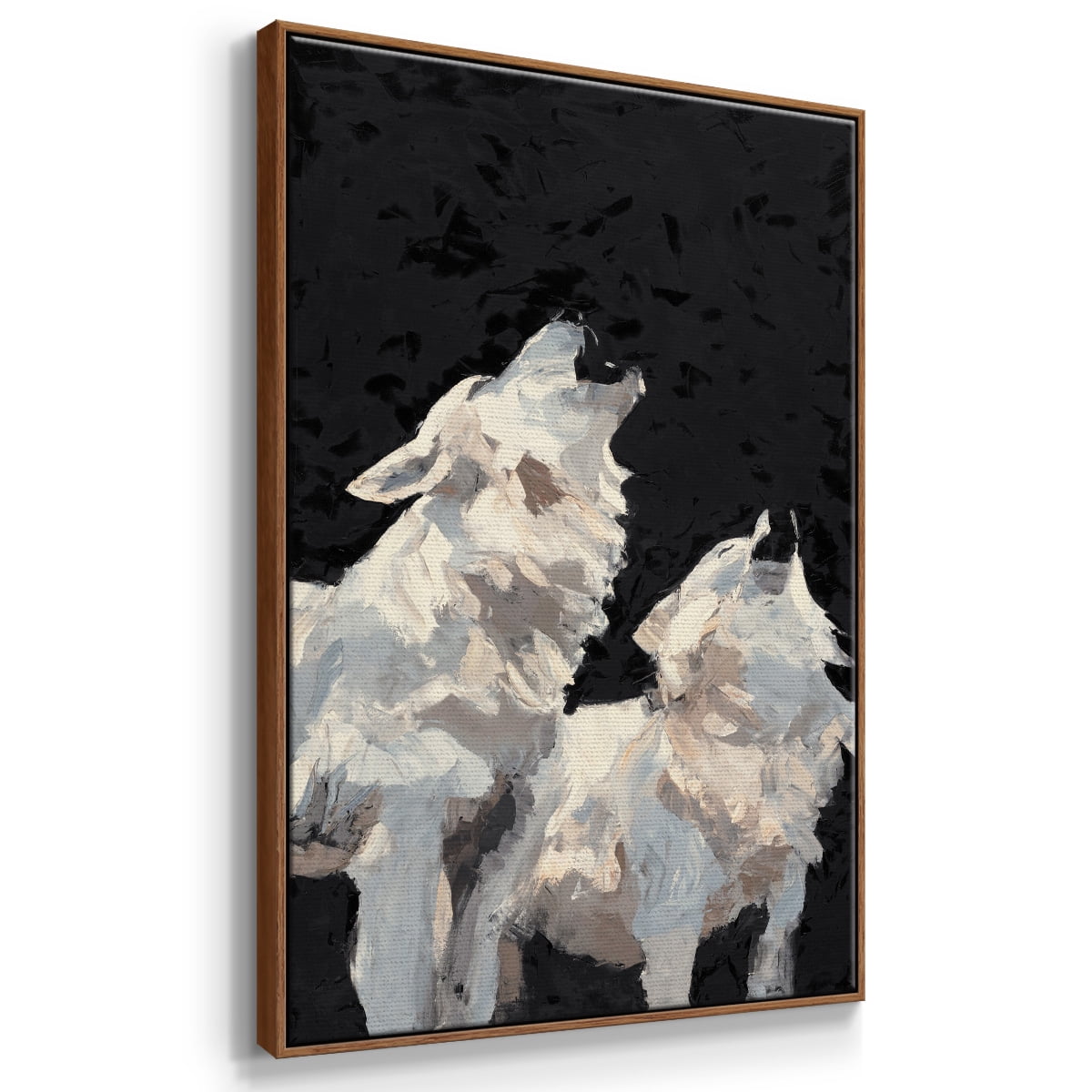Midnight Wolves Framed Premium Gallery Wrapped Canvas - Ready to Hang - 17 x 25 - Walnut Floating Frame