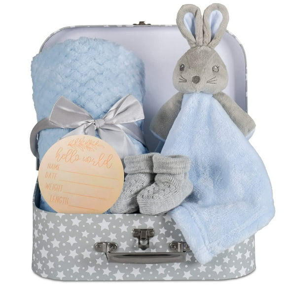 Baby Boy Gift Set New Born Baby Gifts Baby Blue Bunny Security Blanket Soft Fleece, Suitcase Keepsake Box Blanket Booties & Baby Gift Basket - Unique Present for Baby Shower & Newborn Lovey Welcome