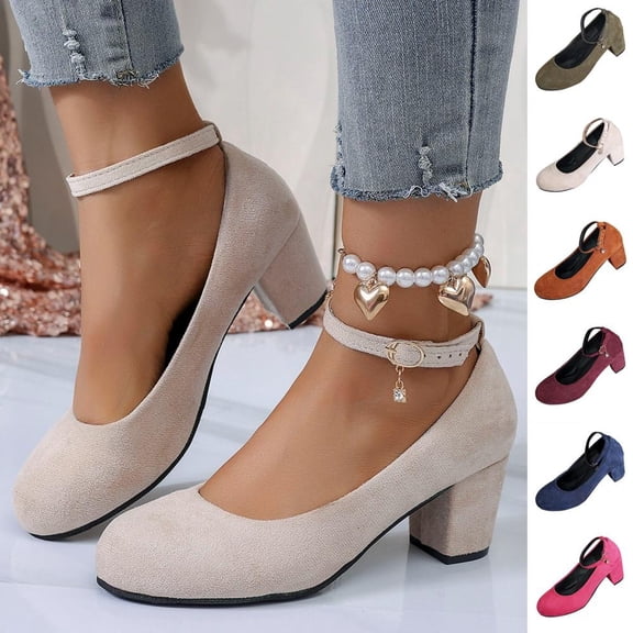Bxsruta Flock Ankle Strap Block Heel Pumps for Women, Closed Toe Mid Heel Dress Shoes