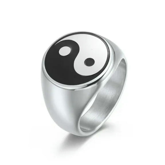 QQTDFG Rings for Men Women Stainless Steel Band Biker Jewelry Black Yin Yang Tai Chi-Silver-9