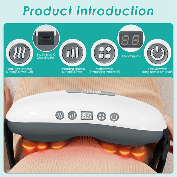 Stone Abdominal Massager - Dual Rotating Heads with 6 Red Lights, 5 Modes 3 Speeds 3 Heat Settings, 2500mAh Rechargeable, Adjustable Belt for Menstrual/Bloating Relief