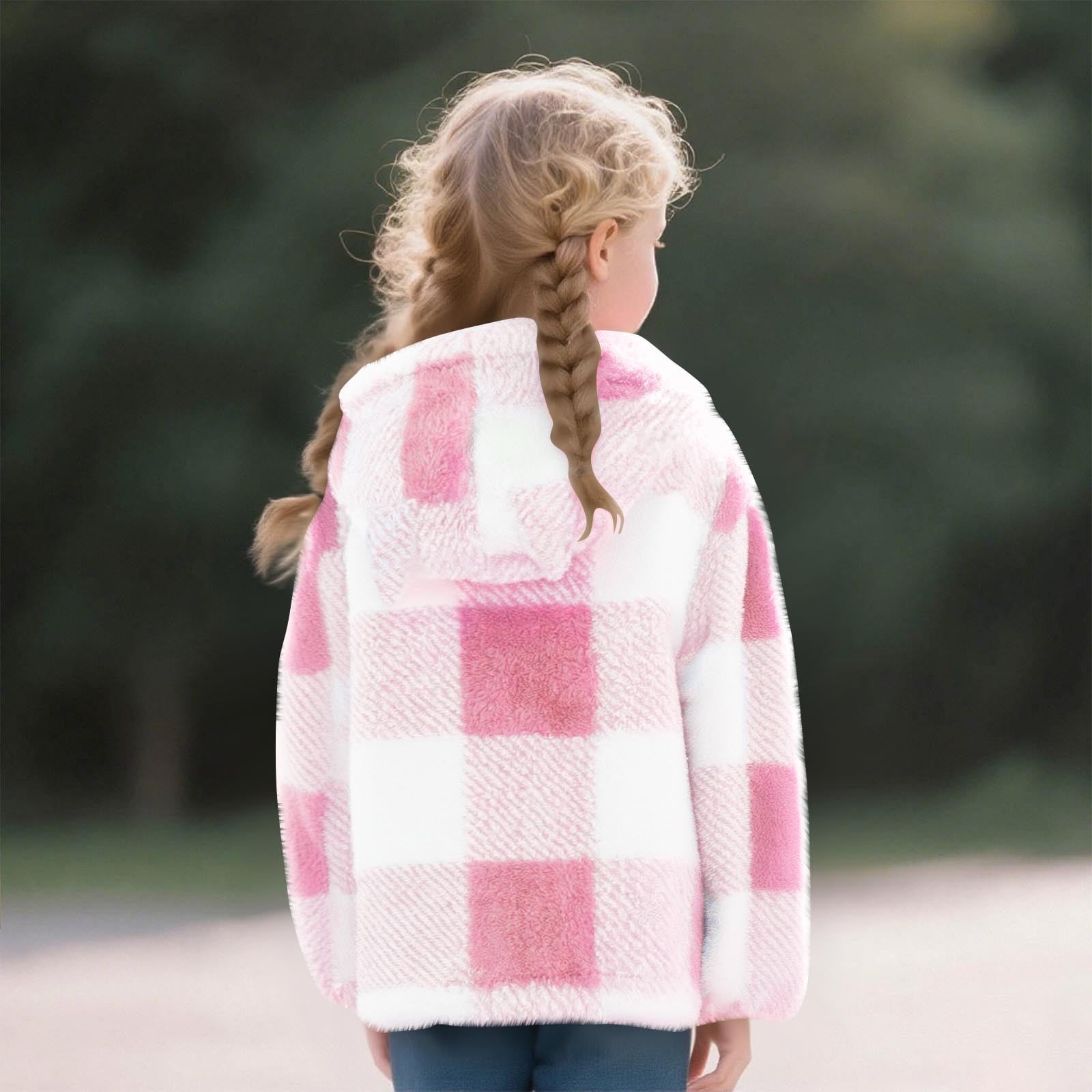 Xdegoge Girls Fleece Sherpa Jacket Plaid Fuzzy Zip Up Long Sleeve Hoodie Teen Thermal Loose Cozy Hooded Coats Tween 2025 Winter Thick Warm Outerwear With Pockets Age 8-14 Years
