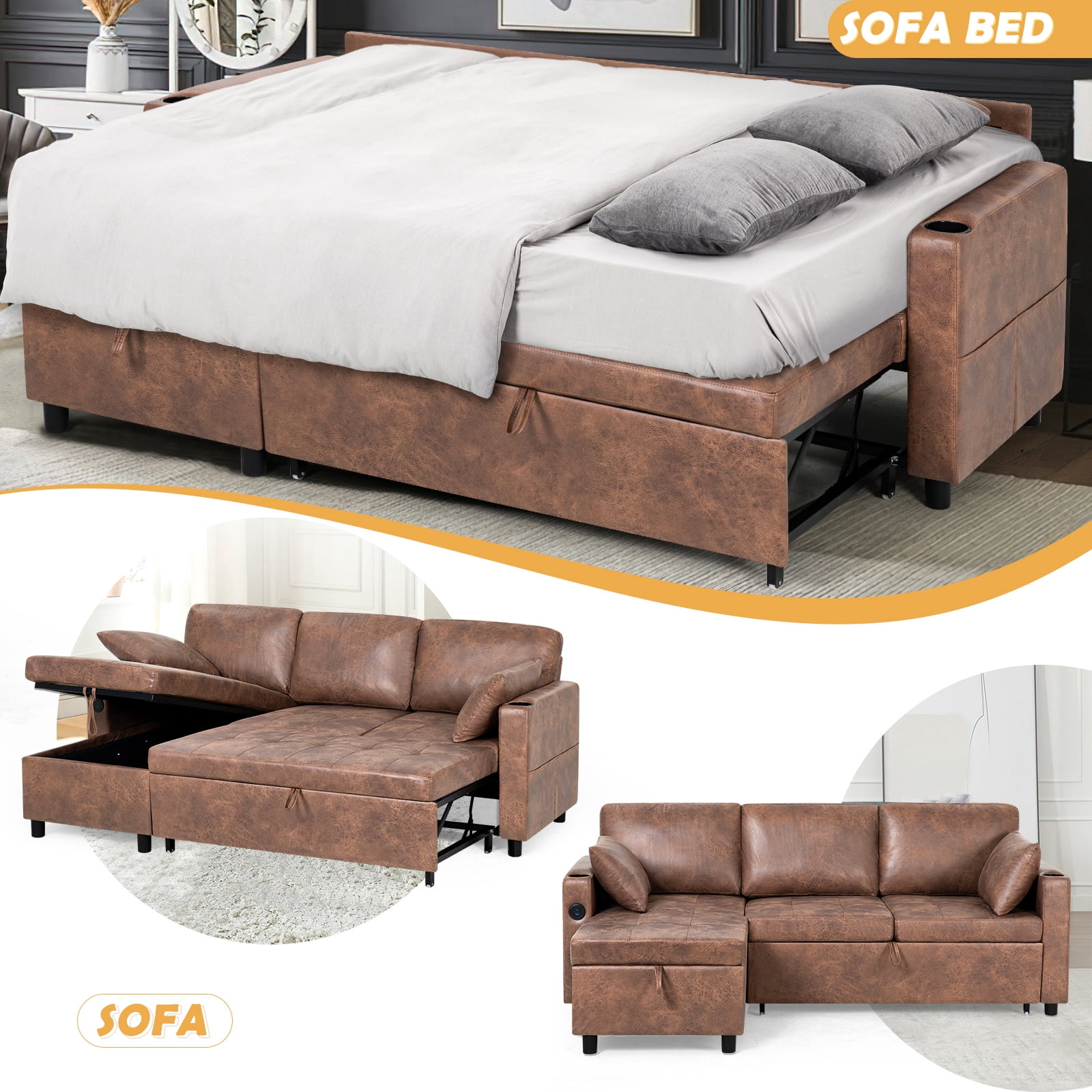 ACMEASE 84" Suede Leather Sectional Sofa w/Adjustable Backrests, Pull Out Sofa Bed w/USB Charger Port& Reversible Storage Chaise,Convertible L-Shaped Sofa with Cup Holders for Living Room,Brown