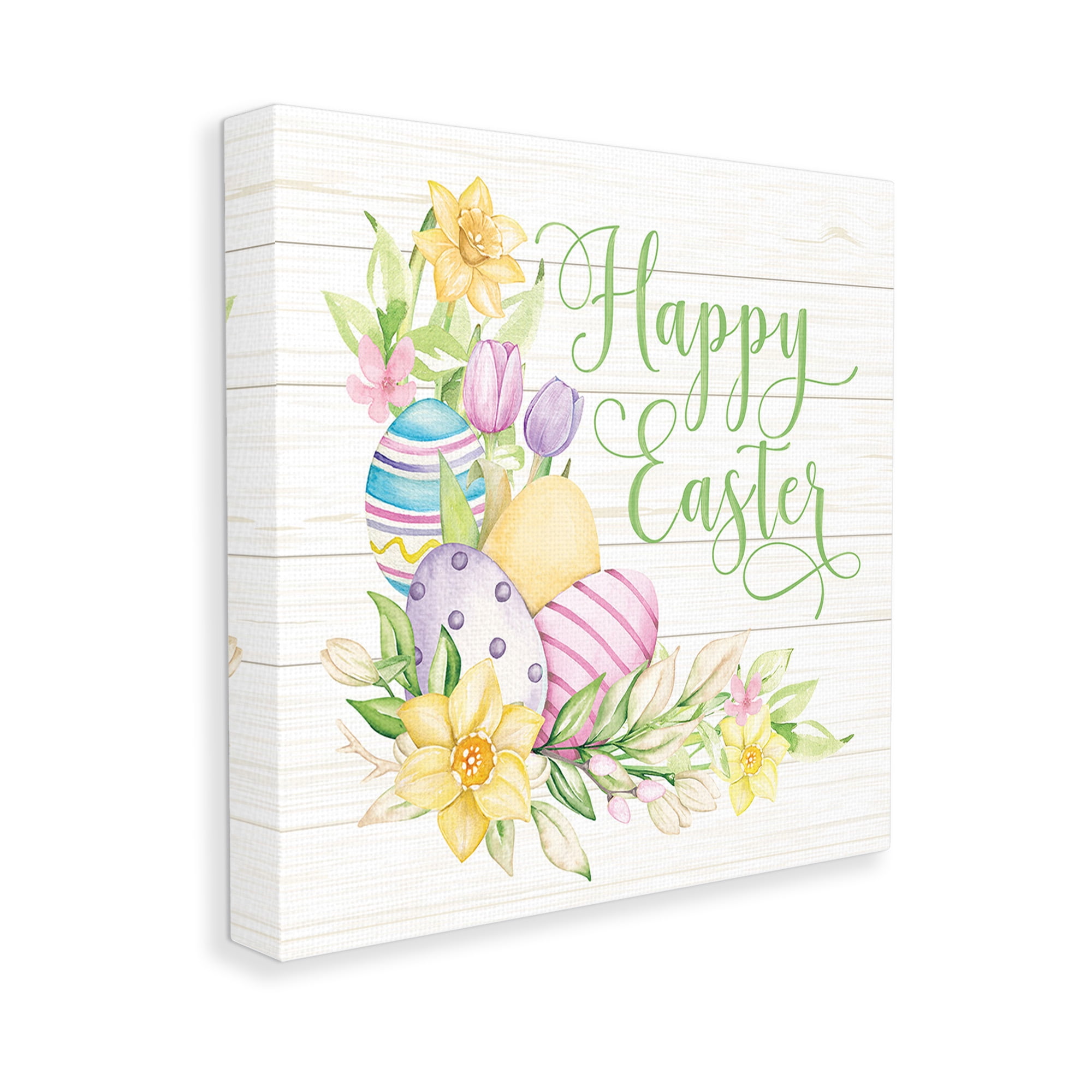 Stupell Industries Happy Easter Daffodils Holiday Painting Gallery Wrapped Canvas Art Print Wall Art, 17 x 17