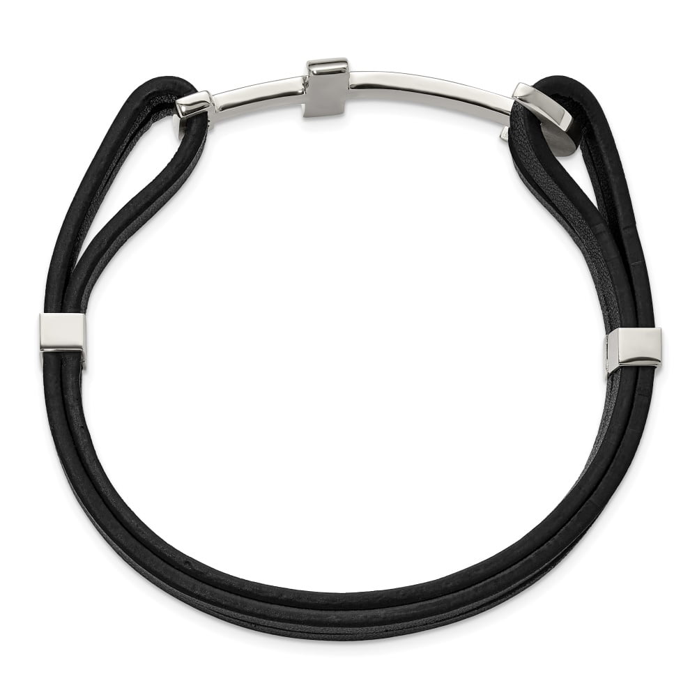 Diamond2Deal Stainless Steel Polished Cross and Anchor Black Leather Bracelet for Men 8.25"
