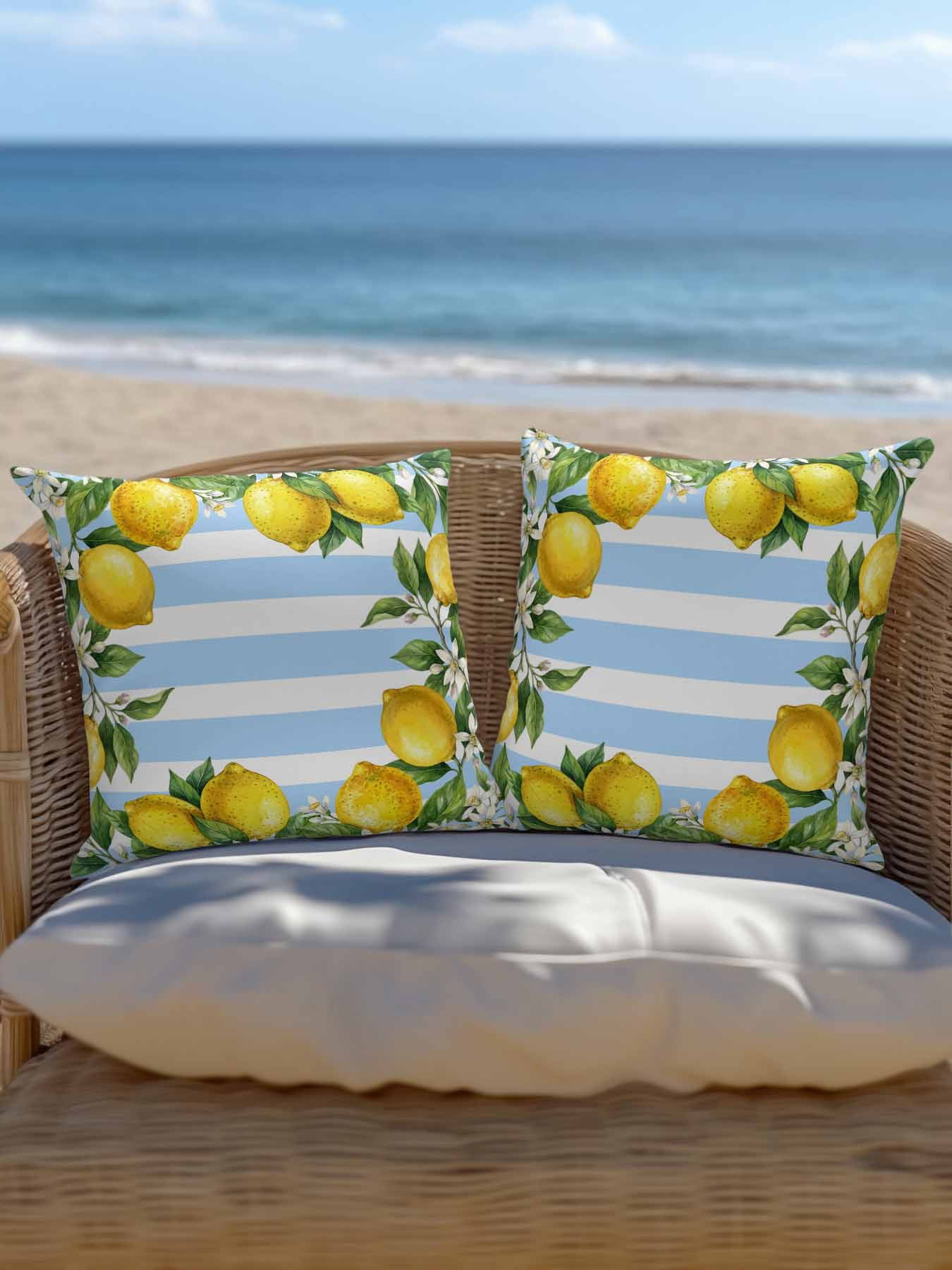 1 Pack Outdoor Pillows Waterproof, Summer Lemons Indoor/Outdoor Throw Pillows with Inserts, Fruits White Flowers Farm Blue White Stripes Decorative Pillow for Patio Furniture Chairs Couch