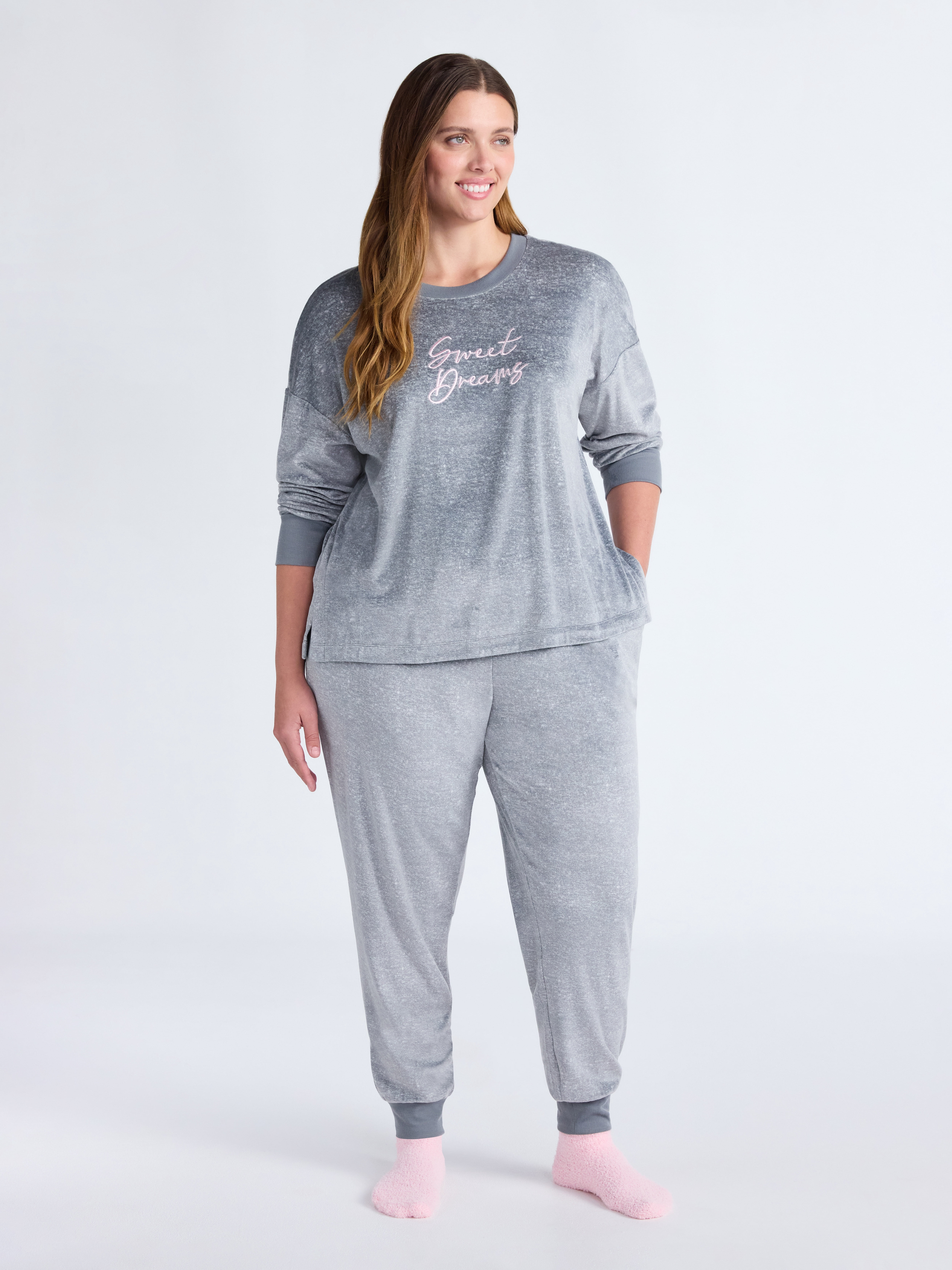 Joyspun Women’s Stretch Velour Long Sleeve Top, Pants, and Socks Pajama Set, 3-Piece, Sizes XS-4X