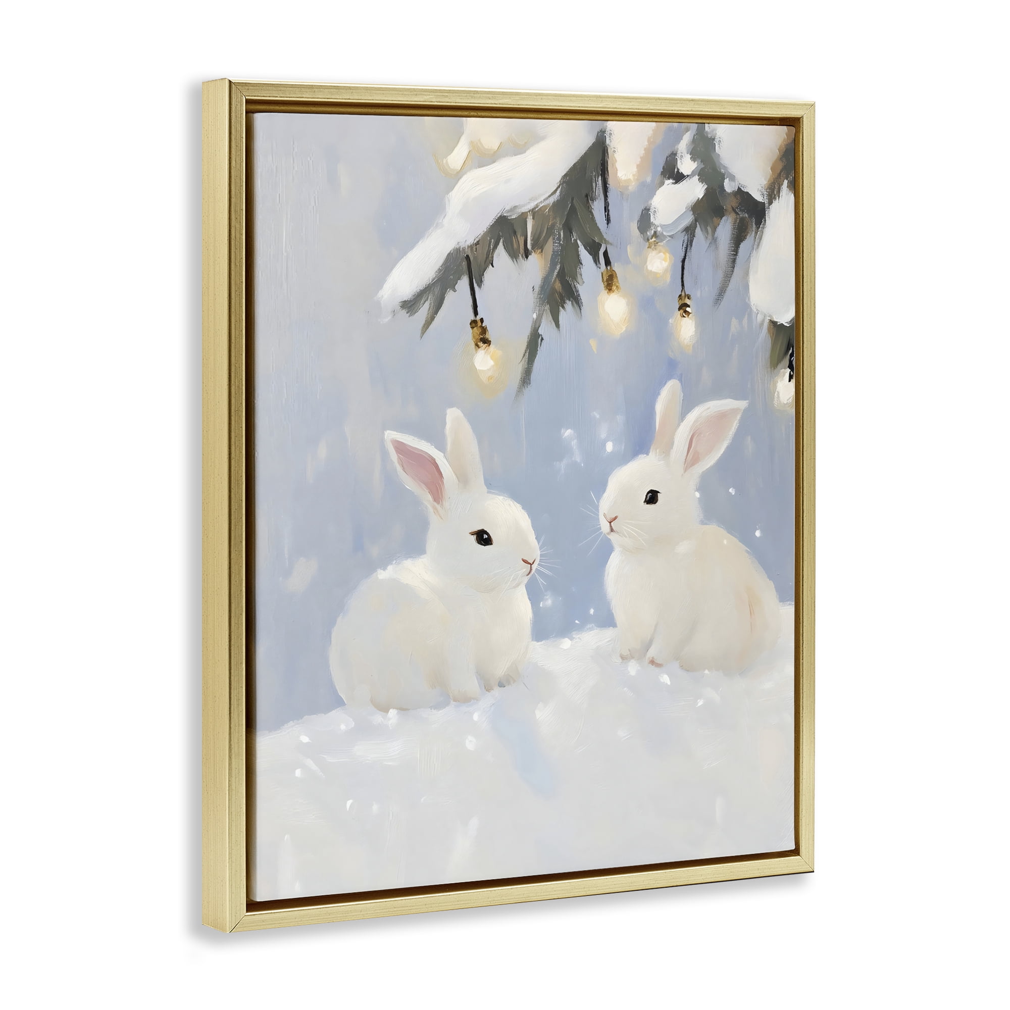 Stupell Industries Winter Bunnies Under Twinkling Lights Gold Framed Floater Canvas Wall Art, design by The Prints Vibe