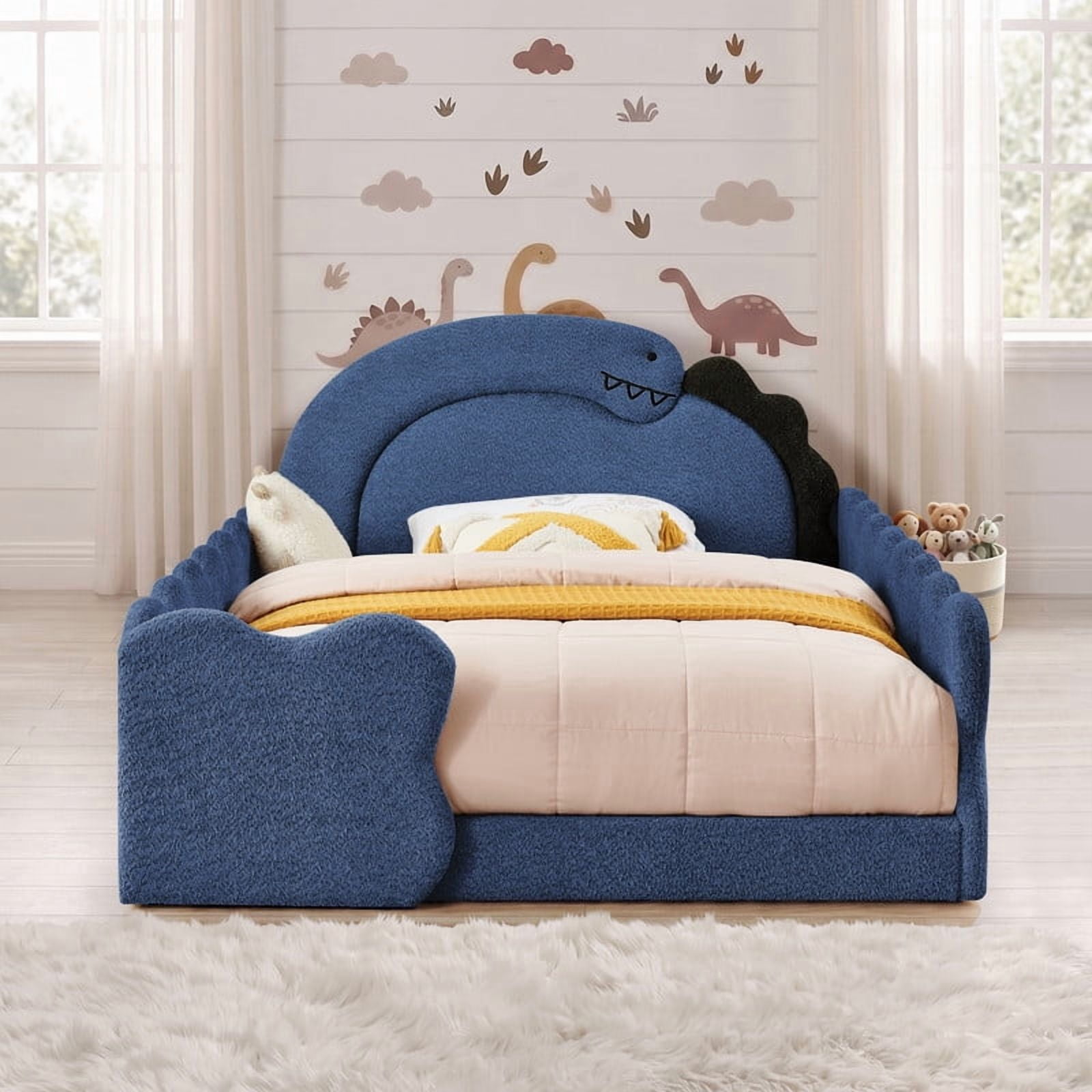 Full Size Kids Dinosaur-Shaped Platform Bed with Guardrails, Low-Profile Upholstered Boucle Fabric Playful Child Daybed Frame