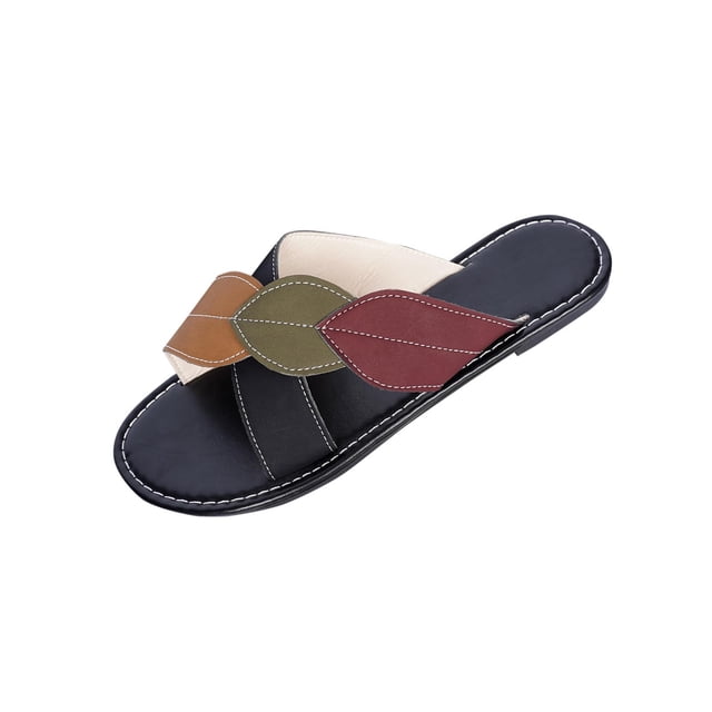 Mujeres Zapatos Negros Estilo Hoja Patchwork Sandalias, Zapatos Negros Planos Más Tamaño Bloque de Color Peep Toe Playa Verano