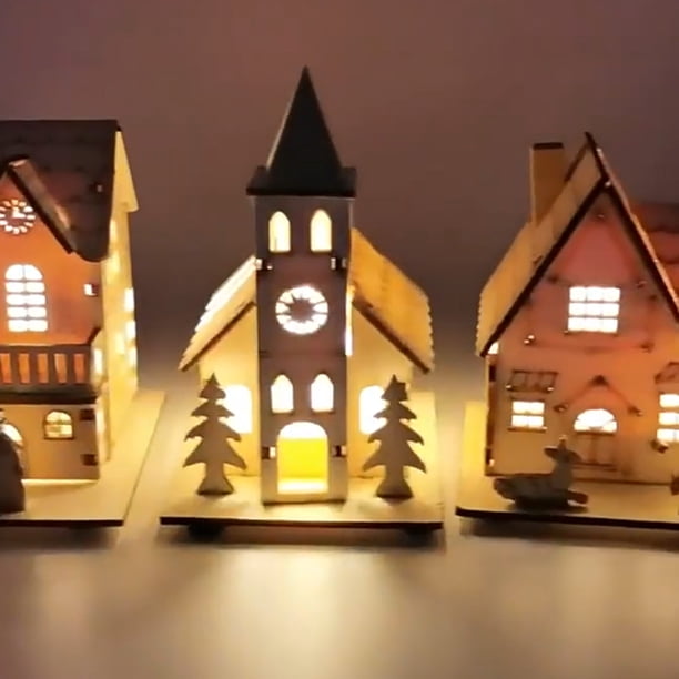 Hoosue 3pcs Christmas LED Wooden House Mini Village with Battery