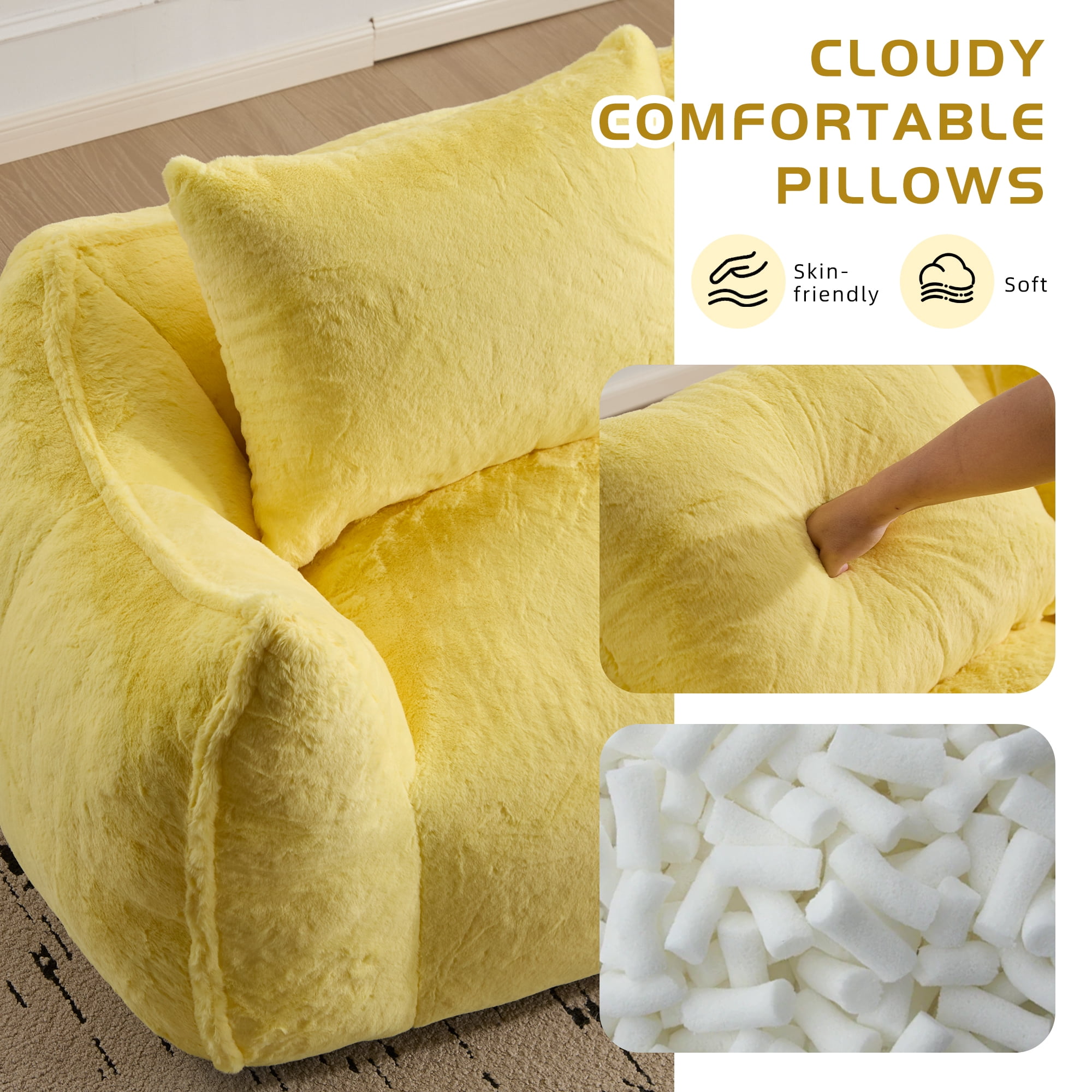 Leumius 2 Seater Boneless Sofa,Giant Bean Bag Sofa Couch with Pillows, Oversized Chaise Lounge Chair for Living Room Bedroom,No Assembly,Yellow