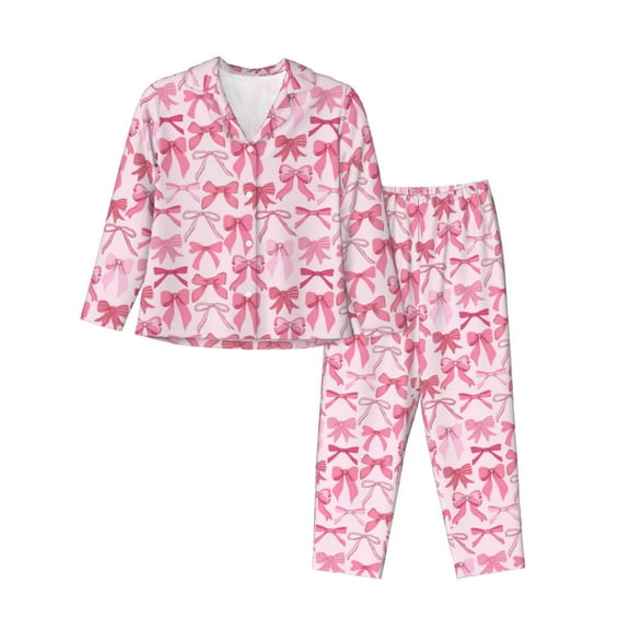 Rateoe Pink bows Pattern Womens Pajamas Set Long Sleeve Sleepwear Button Down Nightwear Soft Cotton Pj Lounge Sets-Small