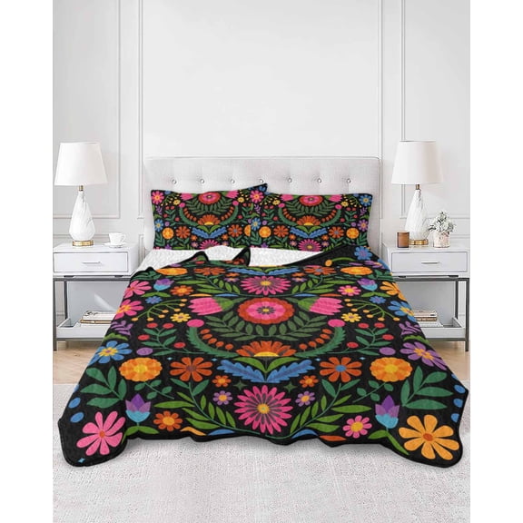 Quilts Full Size, Bohemian Soft Comforter Bedding Set for Bed, Red Green Tribal Mexican Abstract Flower Lightweight Quilted Bedspread with Pillow Cover(2 Pieces) for All Season, 78x90 Inch
