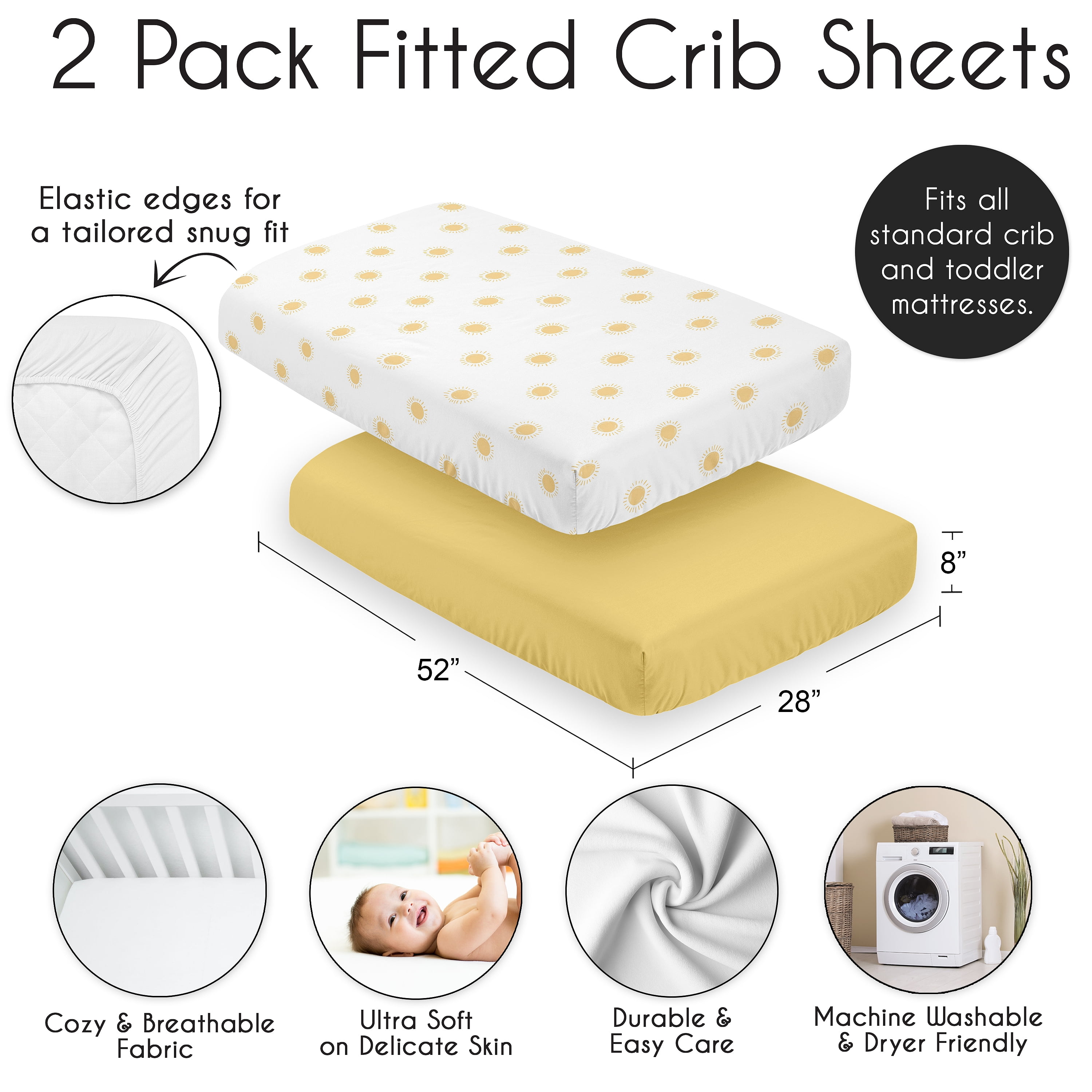 Sweet Jojo Designs Boho Sun White and Mustard Yellow Boy, Girl, Unisex/Gender Neutral Fitted Crib Sheets Set 2 Piece