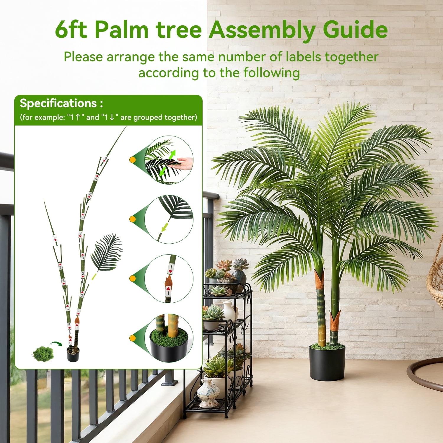 NOVAROOT Artificial 6ft Palm Tree with Cement Pot - Realistic Faux Golden Cane Palm Plant for Indoor/Outdoor Decor, Housewarming Gift