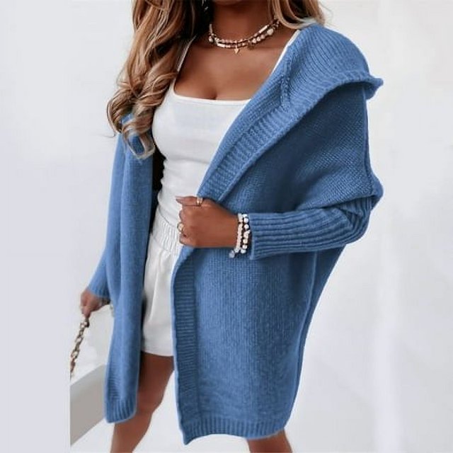 MKLEKYY Cute Sweaters for Teens Women Solid Color Hooded Patchwork Batwing Sleeve Open Sweater Knitted Cardigan