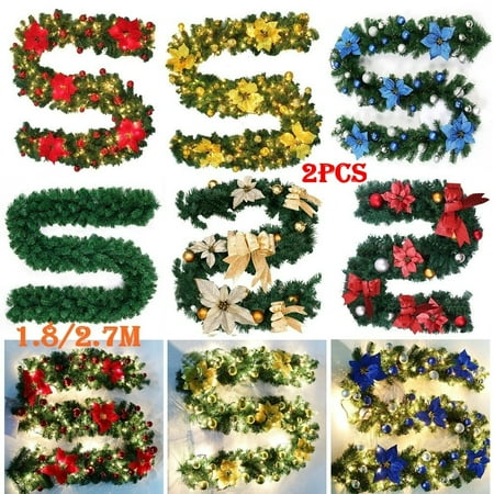 Christmas Garlands For Fireplace 2PCS 1.8/2.7m Imperial Pine Christmas Garland Tree Fireplace Green Hanging Rattan with Light Wedding Party Christmas Decorations ()