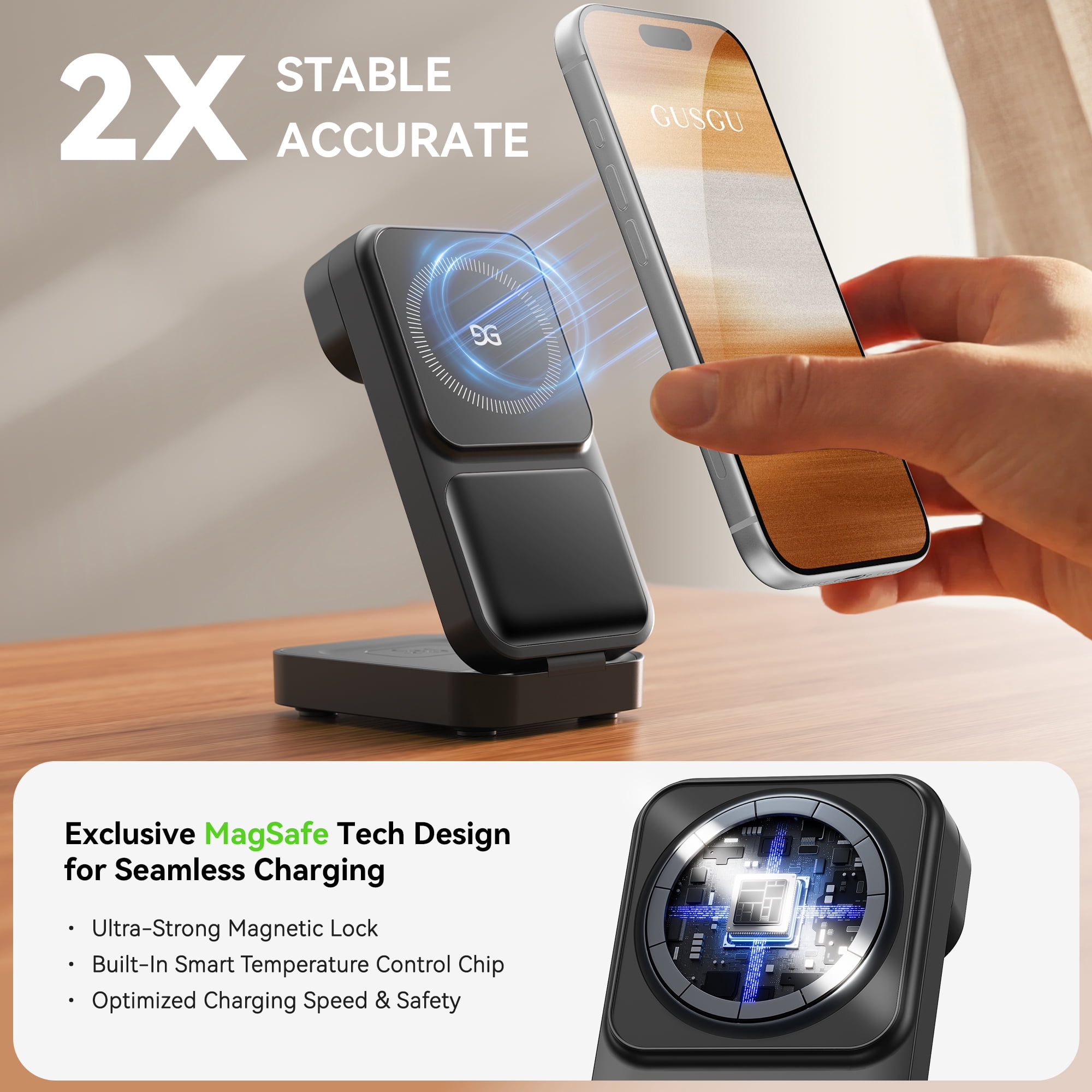 GUSGU 3-in-1 Charging Station for MagSafe Wireless Charger Clock, LED Screen with Power Display, 15W Fast Charging, Compatible with iPhone 17/Air/16/15, iWatch Ultra 3, AirPods Pro 3, Black
