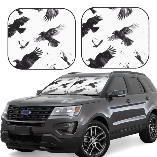 Balery Monochrome Flying Ravens Parasol para parabrisas de coche de 2 piezas | Parasol plegable para parabrisas delantero de coche para la mayoría de sedanes-Medium