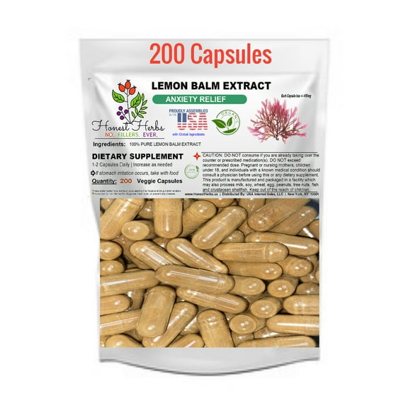Lemon Balm Extract Caps – Natural Calm,  Mental Clarity – Honest Herbs – 200 Veggie Caps