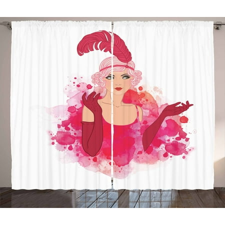 Old Hollywood Curtains 2 Panels Set A Fancy Lady Wearing Feather