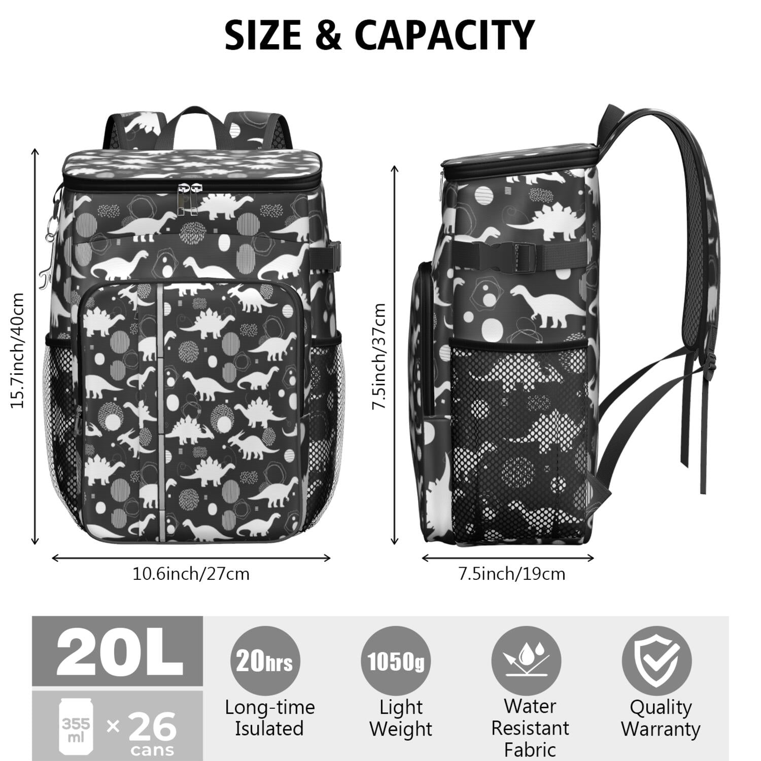Travel Cooler Bag - Dinosaur Silhouette Pattern Camping Beer Cooler Backpack with Bottle Opener- Waterproof Insulated Picnic Backpacks - Cooler Bag for Beach