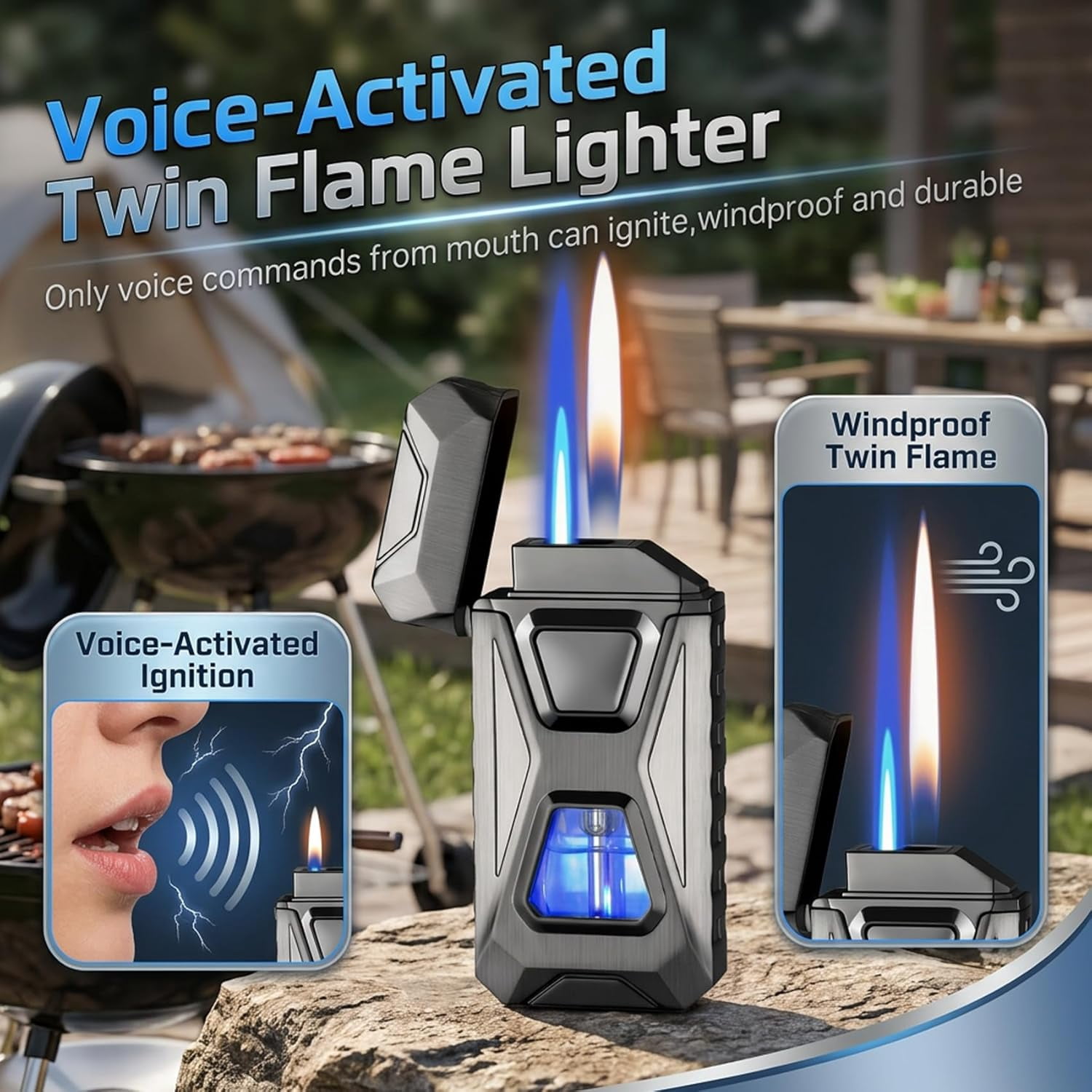 Voice Activated Lighter, Voice Activated Dual Flame Lighter (Butane Not Included) | USB Rechargeable Windproof Refillable with Visible Window (Green)
